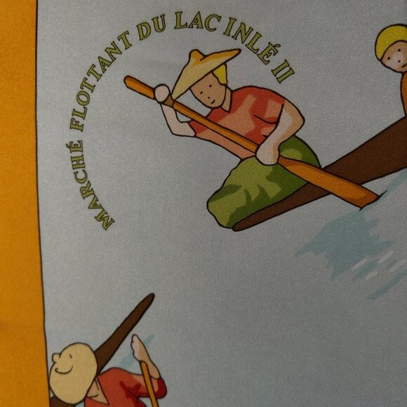 Hermes Silk "Marche Flottant Du Lac Inle II" Scarf Tangerine Color w Blue - Picture 3 of 16